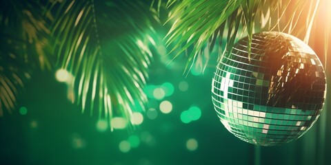 Green Disco Ball, Tropical Party lights, Sustainability Eco music with copy space.