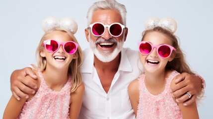Happy Father's Day concept, busy father organizes holiday on International children's day for two daughters, have home party, wear wreath and fashion sunglasses. - obrazy, fototapety, plakaty