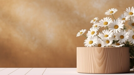 A rendered image displays a white daisy in three dimensions against a backdrop of textured wood