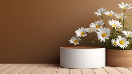 The white daisy is featured in a 3D rendering set against a wooden wall with a distinct texture