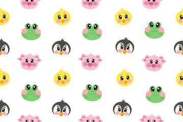 Cute kawaii seamless pattern with penguin, chick, frog and pig for kids on white isolated background