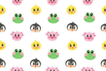 Cute kawaii seamless pattern with penguin, chick, frog and pig for kids on white isolated background