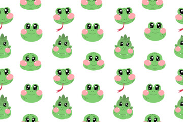 Obraz premium Seamless pattern with vector kawaii cute snake, frog, turtle and dinosaur face, head for kids, baby, children nursery, fabrics