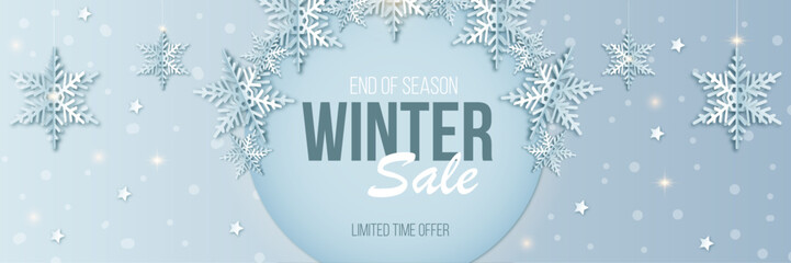 Fototapeta na wymiar Winter sale banner snowflakes paper cut style. Vector Illustration