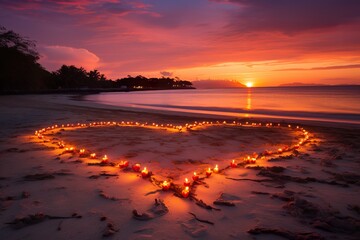 Hearts shape in the sand at the beach of sunset warm light. - obrazy, fototapety, plakaty