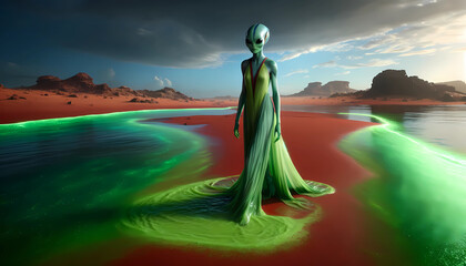 A female Green alien on a distant planet 