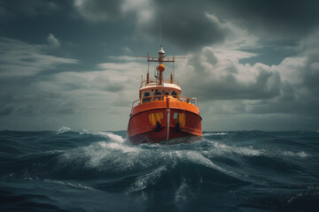 Rescue boat in ocean, concept of Life-saving vessel - obrazy, fototapety, plakaty