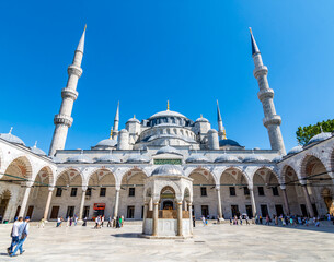 Blue Mosque�Courtyard, Fountain, and Minarets in Istanbul, Turkey.