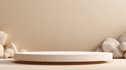 A beige wall provides the backdrop for a 3D render image mockup featuring white rocks