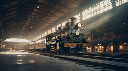 A classic train station with vintage trains. - obrazy, fototapety, plakaty