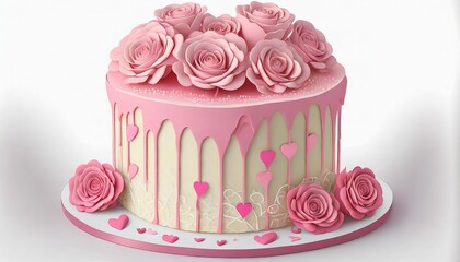 pink cake topped with icing and roses