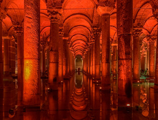 Basilica Cistern Ancient Columns and Modern Sculptures in Istanbul, Turkey.