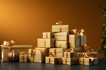Christmas boxes against yellow background, wall. Holiday, Happy Birthday concept. Copy space. Online shopping