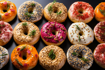donuts with icing sugar, sprinkles on a plate against black background. 