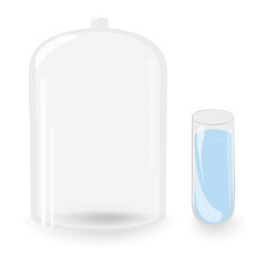 Transparent glass lid and flask with water. Set of 2 isolated elements with shadows and highlights