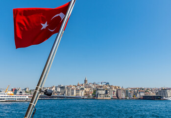 Bosphorus Cruise Public Ferry Ride�On the Bosphorus Strait View of Galata Tower in Istanbul, Turkey.