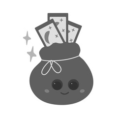 Pouch with Tarot cards and decorative stars. Cute magic character in cartoon style in grayscale