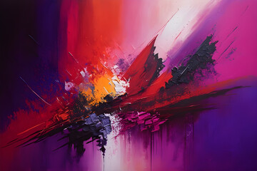 Fototapeta premium Exploring the interplay of colors, textures, and brushstrokes, a visually captivating composition charged with emotion is formed by a purple and red background featuring a painting.
