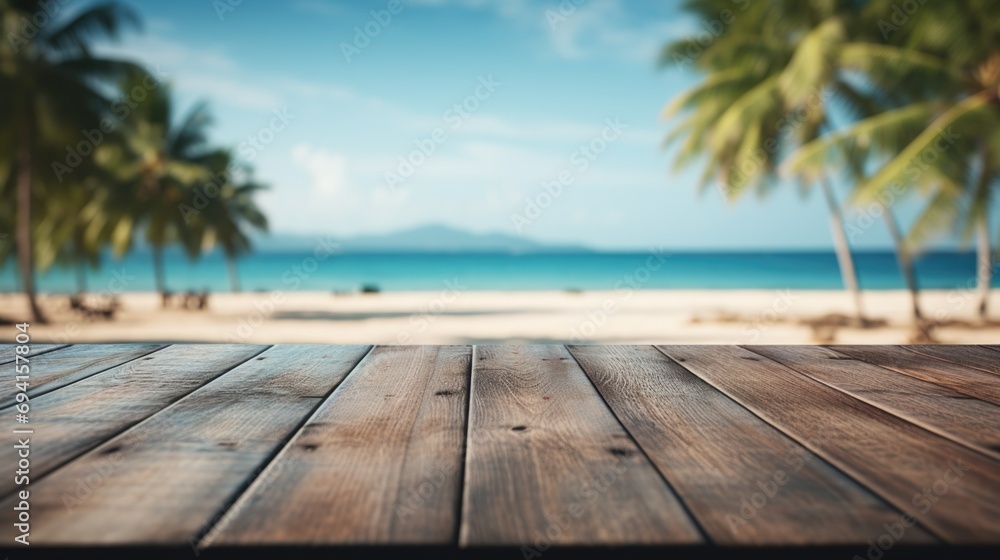 Poster a wooden table with palm trees in the background. empty wooden table with copy-space.