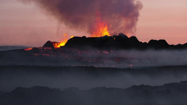Volcano eruption slow motion, close up of exploding and spewing lava of volcano crater, active volcano in Iceland 2023