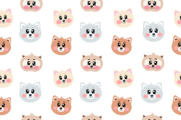 Seamless pattern with cute kawaii brown, beige or grey cat, kitty, kitten face, head for nursery, print or textile for kids. Vector cartoon illustration for baby, children