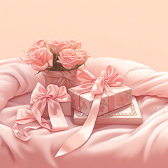 Miniature Bed Illustration with Layered Watercolor Flowers on Blush Pink Background for Valentine's Day Card