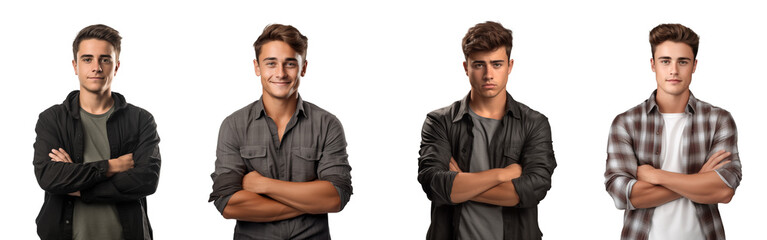 Collection of a young man standing with arms crossed facing the camera isolated on a transparent background