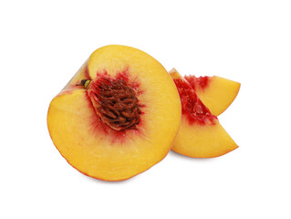 Delicious cut ripe peach isolated on white