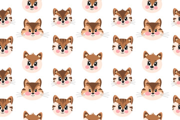 Seamless pattern with cartoon kawaii cute little face, head of tiger, fox and chipmunk face for children isolated on white background. Vector cartoon illustration for baby, kids