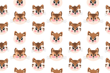 Seamless pattern with cartoon kawaii cute little face, head of tiger, fox and chipmunk face for children isolated on white background. Vector cartoon illustration for baby, kids