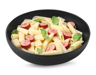 Tasty pasta with smoked sausage and basil in bowl isolated on white