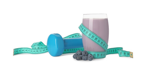 Tasty blueberry shake, fresh berries, dumbbell and measuring tape isolated on white. Weight loss