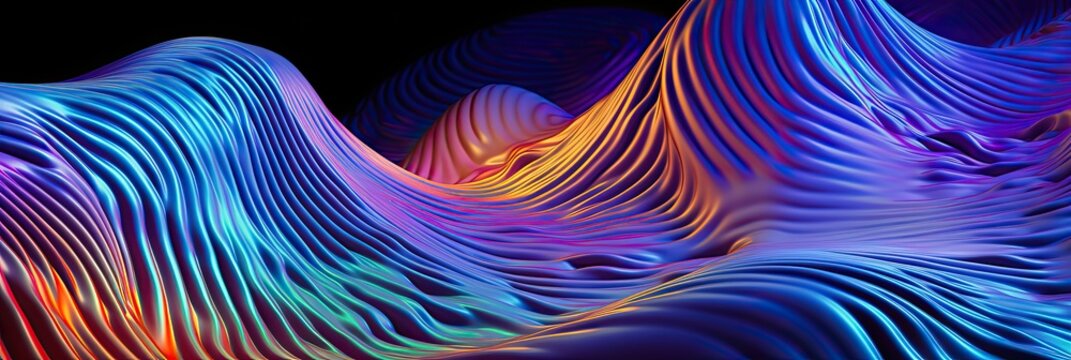 abstract background of turbulent undulating deformed surface of reflective aluminumized mylar reflecting the projected light from a psychedelic, generative AI