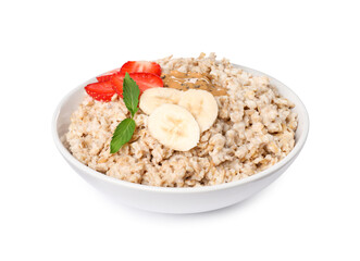 Tasty boiled oatmeal with strawberry, banana, peanut butter and chia seeds in bowl isolated on white