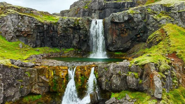 Spectacular waterfalls in mountains, Beautiful aerial view from Iceland in summer season, Icelandic highlands, wild river with cold glacial water