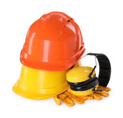 Hard hats, earmuffs and gloves isolated on white. Safety equipment - obrazy, fototapety, plakaty