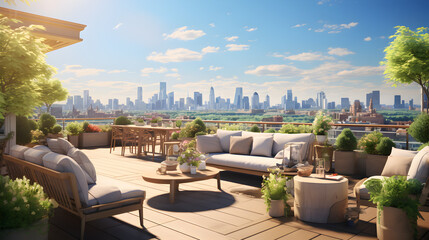 A chic rooftop scene with city views, lounge chairs, and a sunny atmosphere