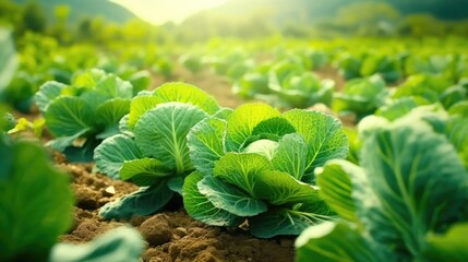 A field of lettuce growing in the sun.