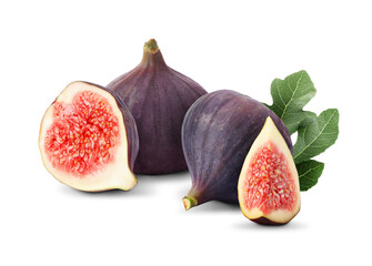 Fresh ripe figs and green leaf isolated on white