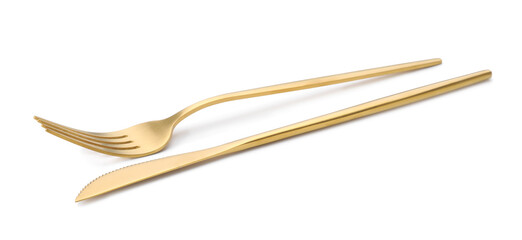 Shiny golden fork and knife isolated on white. Luxury cutlery
