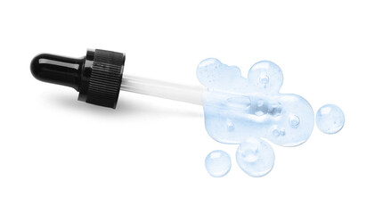 Dropper with serum on white background, top view. Skin care product