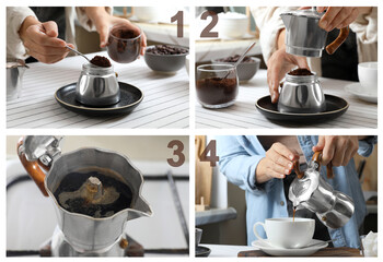 Making coffee with moka pot step-by-step. Collage with photos