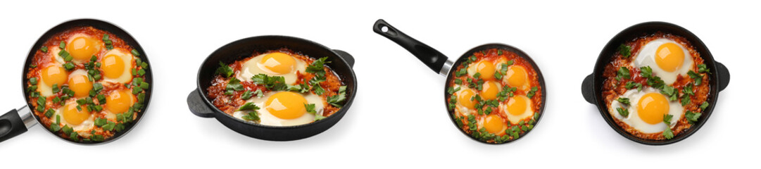 Delicious shakshuka in frying pans isolated on white, set