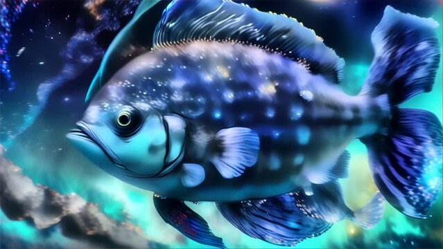 a blue fish swimming in a fantastical starry sky scattered with stars. It blurs the boundary between space and sea, conveying a connection between nature and the cosmos.
