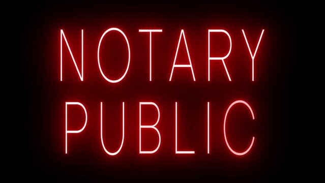 Flickering red retro style neon sign glowing against a black background for NOTARY PUBLIC