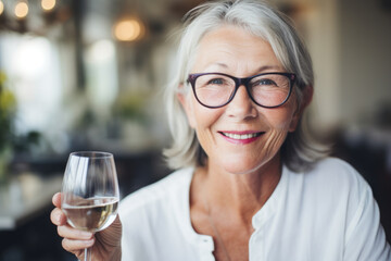 Senior woman with glass of wine looking at camera.