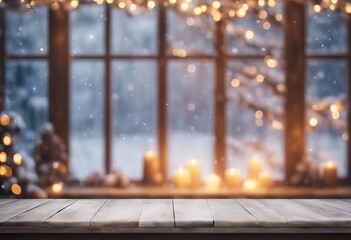 Empty wooden table in front of blurred winter holiday background stock photoChristmas, Table, Backgrounds, Winter, Window