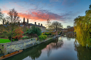 Beautiful autumn scenery of Cambridge near river Cam at sunrise. England 