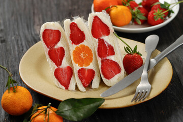 Japanese Fruit Sandwich or Sando with Cream, Orange, and Strawberry