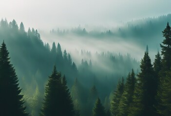 Vector landscape with green silhouettes of coniferous trees in the mist stock illustrationForest, Backgrounds, Tree, Woodland, Pine Tree